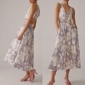 Anthropologie Aureta Linen Printed Open Back Long Summer Dress